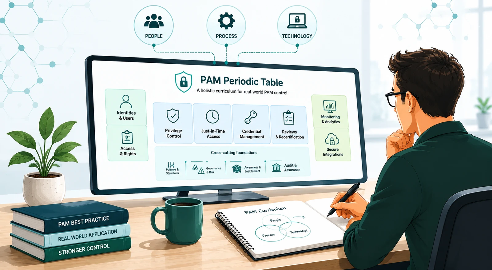 PAM Periodic Table curriculum showing people, process, and technology foundations for real-world privileged access management control