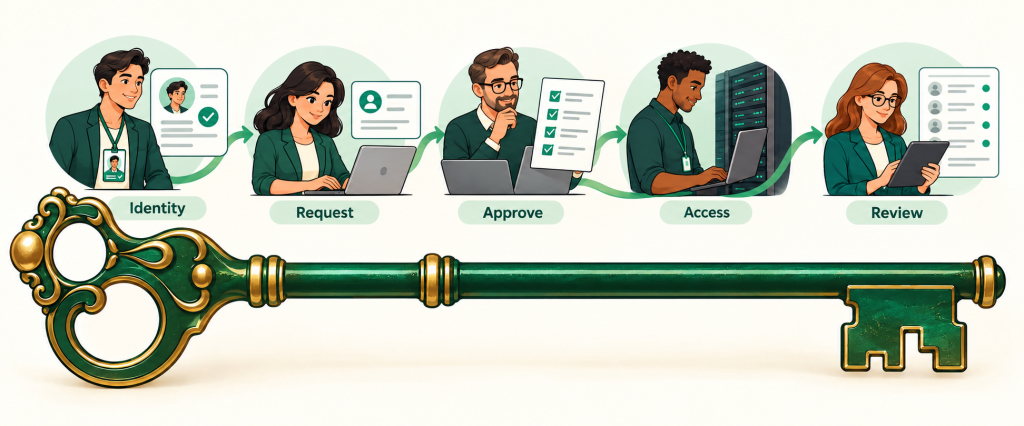 The privileged access journey: identity, request, approve, access and review, unlocked by one key